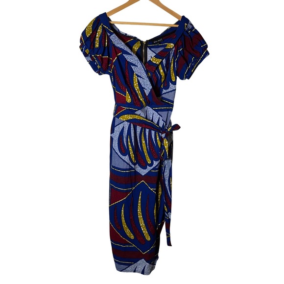 Mae Otti Dresses & Skirts - Mae Otti African Wax Print Cotton Midi Dress Faux Wrap Large Pockets Colorful